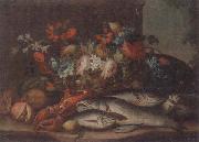 unknow artist Still life of a basket of flowers,fruit,lobster,fish and a cat,all upon a stone ledge Norge oil painting reproduction